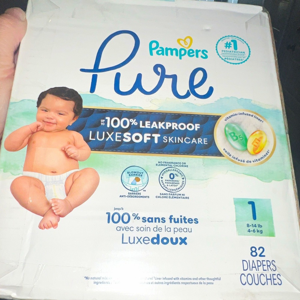 Pampers Pure Disposable Diapers Size 1, 82 Count, 8-14 lb, MPN 37000596066